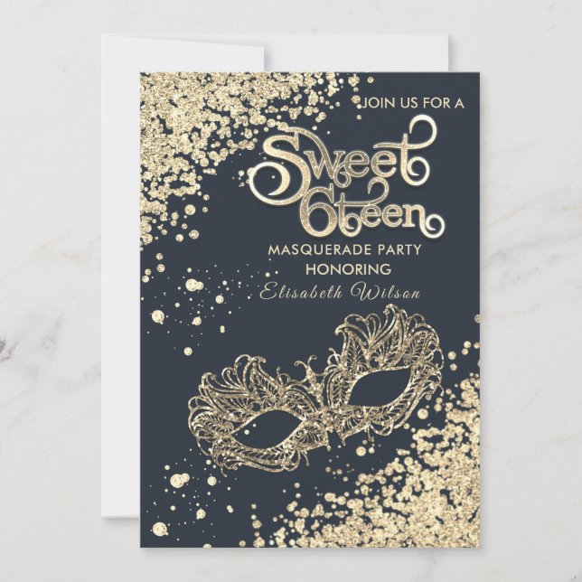 Invitación Diamantes de mascarada de oro de lujo dulce 16 (Anverso)