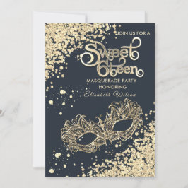 Invitación Diamantes de mascarada de oro de lujo dulce 16