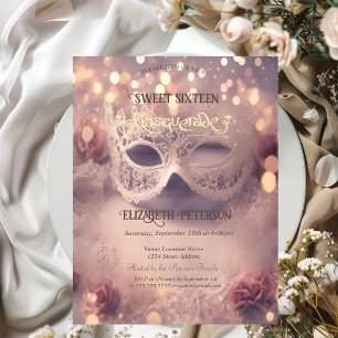 Invitación Diamantes de Mascarilla Blanca Rosa Dorada Cumplea