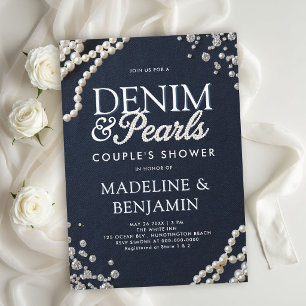 Invitación Diamantes de mezclilla Perlas Azul Ducha de pareja