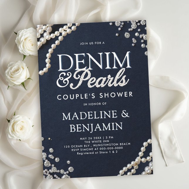 Invitación Diamantes de mezclilla Perlas Azul Ducha de pareja (denim diamonds pearls wedding shower invitations template couple bridal western country rustic)