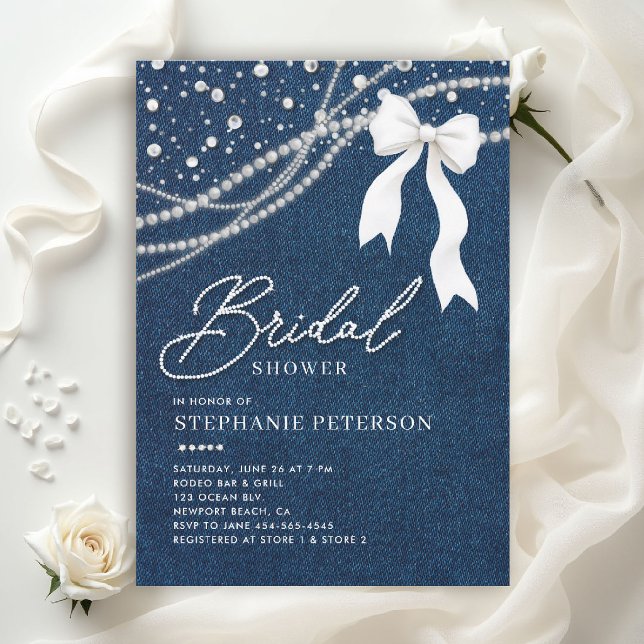 Invitación Diamantes de mezclilla Perlas Lazo Blanco Despedid (denim and diamonds bridal shower invitations template blue white bow western country rustic)