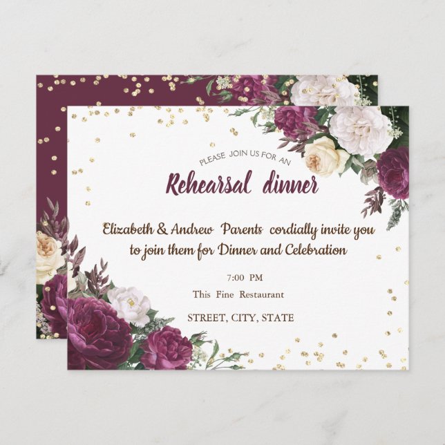 Invitación Diamantes de oro Borgoña Ensayo Floral Cena (Anverso / Reverso)