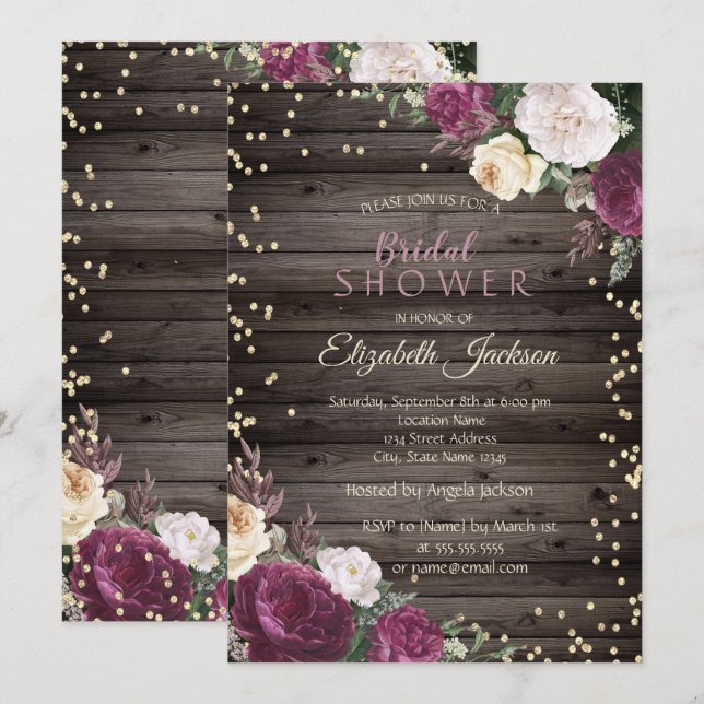 Invitación Diamantes de oro Borgoña Floral Madera Bridal Duch (Anverso / Reverso)