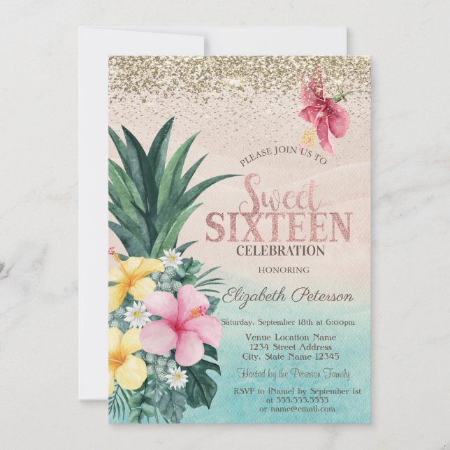 Invitación Diamantes de Oro, Cumpleaños Dulce 16 de Playa de  (Anverso)