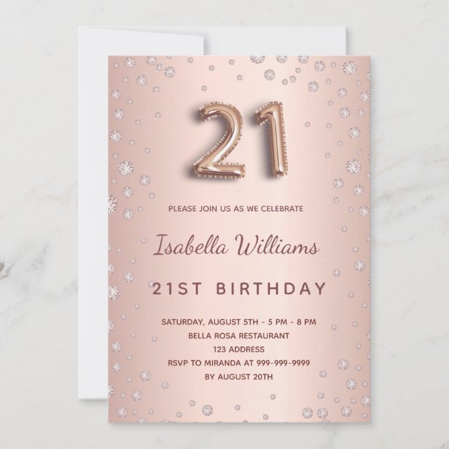 Invitación diamantes de oro de rosa de 21 años (Anverso)