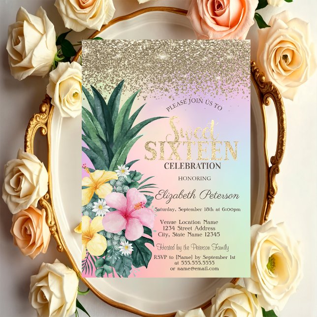 Invitación Diamantes de oro, dulce holográfico de piña 16 (Subido por el creador)