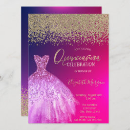 Invitación Diamantes de oro, elegante vestido de Moda Quincea