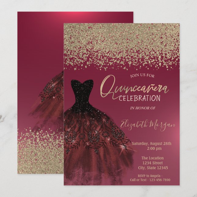 Invitación Diamantes de oro, elegante vestimenta roja Quincea (Anverso / Reverso)