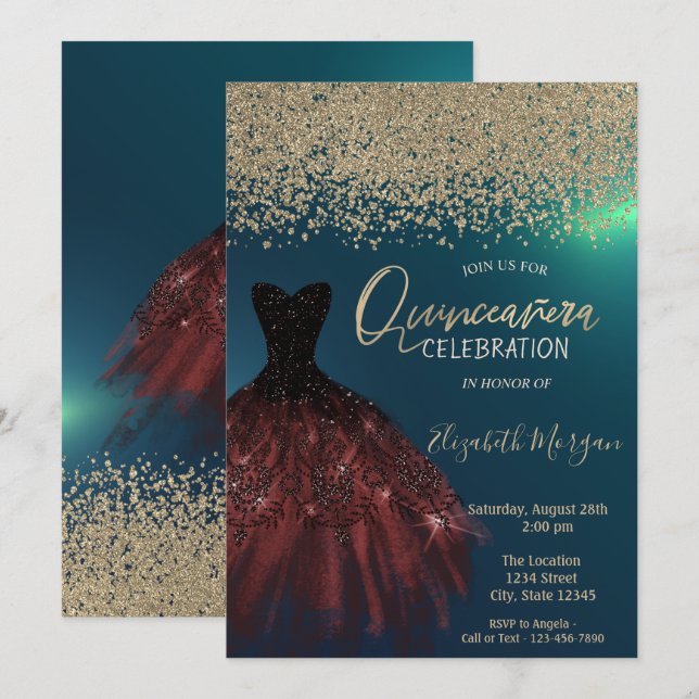 Invitación Diamantes de oro, elegante vestimenta verde Quince (Anverso / Reverso)