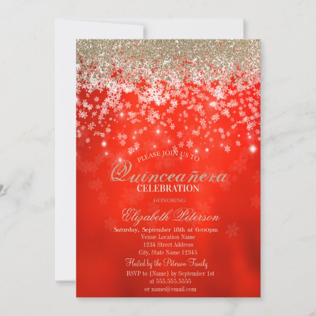 Invitación Diamantes de Oro Falso Modernos Copos de Nieve Roj (Anverso)