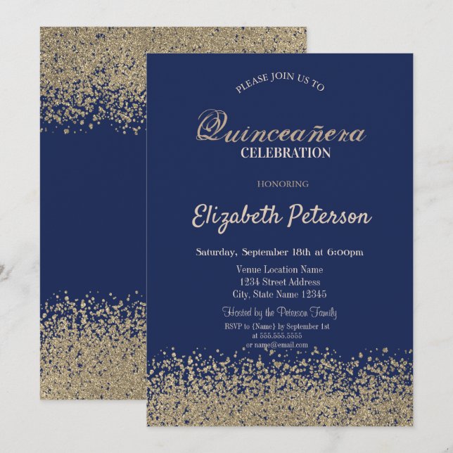 Invitación Diamantes de Oro Falso Modernos para Quinceañera (Anverso / Reverso)