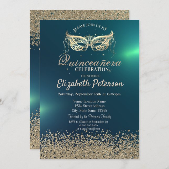 Invitación Diamantes de oro Faux modernos, quinceañera de mas (Anverso / Reverso)