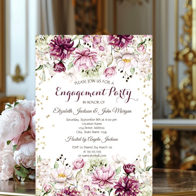 Invitación Diamantes de Oro Flores Rosadas Compromiso (Subido por el creador)