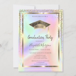 Invitación Diamantes de oro, gorra de graduación de acuarela 