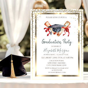 Invitación Diamantes de oro, marco, gorra de graduación diplo