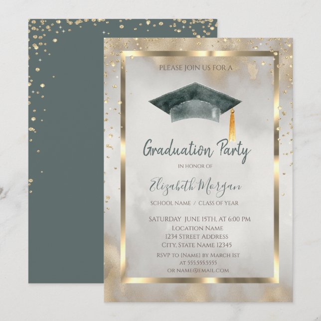Invitación Diamantes de oro,Marco,Graduación de oro de tapón  (Anverso / Reverso)