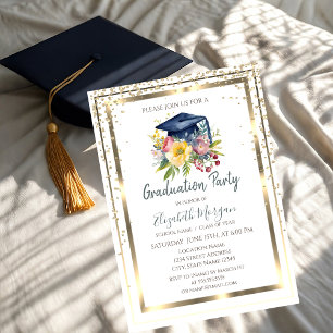 Invitación Diamantes de oro, marco,Graduación de tira floral