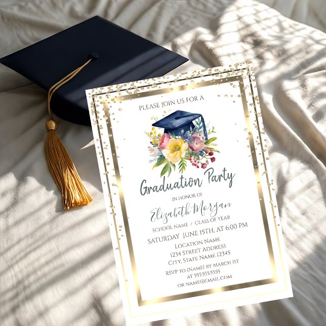 Invitación Diamantes de oro, marco,Graduación de tira floral (Subido por el creador)