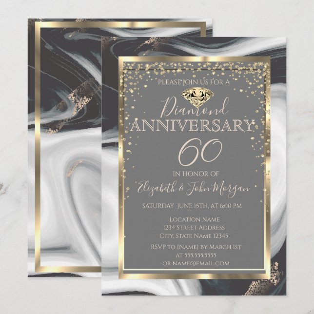 Invitación Diamantes de oro marco mármol boda aniversario (Anverso / Reverso)