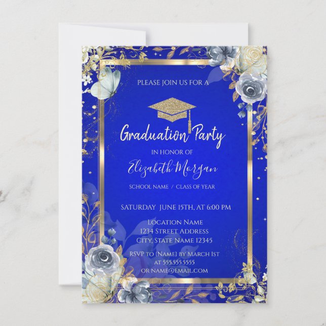 Invitación Diamantes de oro Marco Rosas Mariposas Azul Real (Anverso)