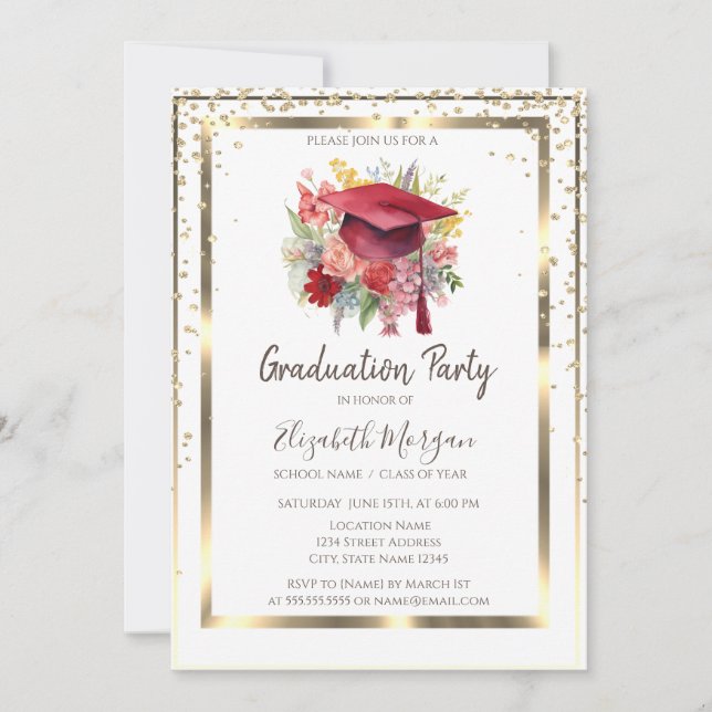 Invitación Diamantes de oro,Marco,Tapa de graduación floral (Anverso)