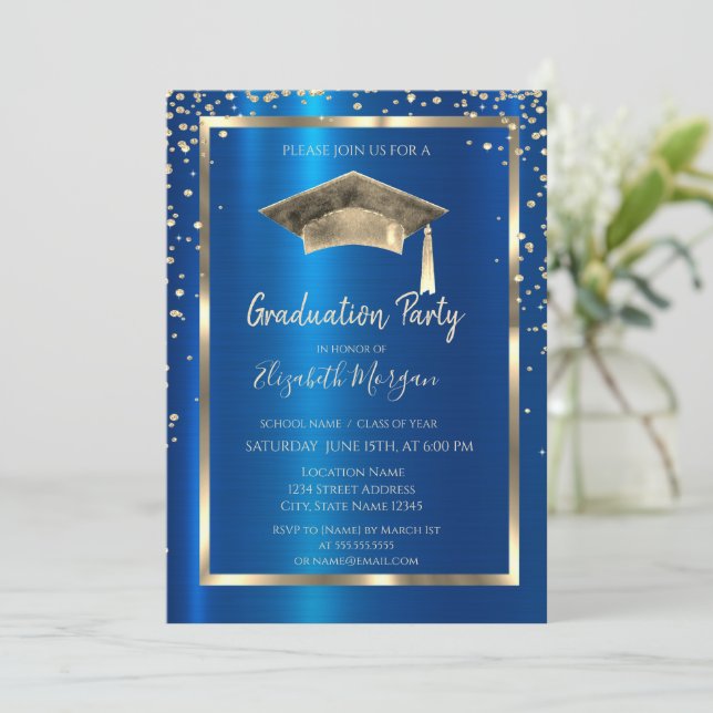 Invitación Diamantes de oro, marco,tapón de graduación azul r (Anverso de pie)