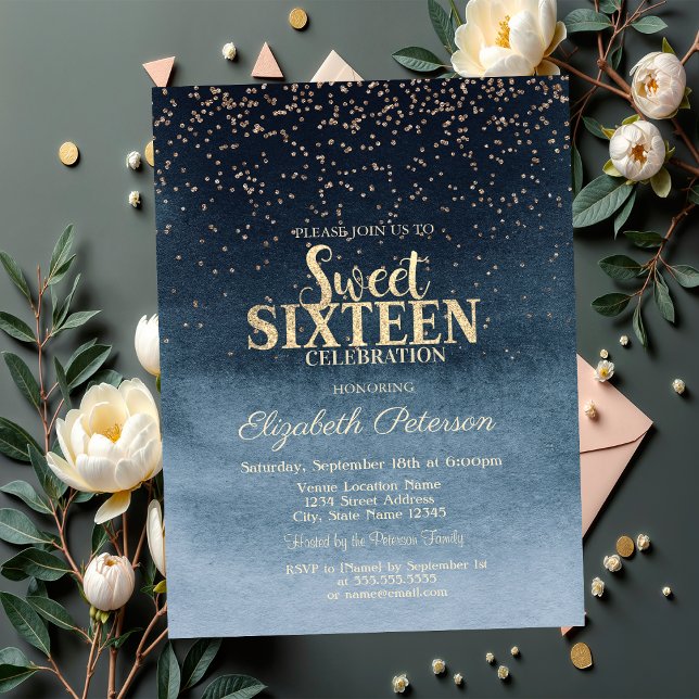 Invitación Diamantes de oro moderno Confetti Navy Blue Sweet  (Subido por el creador)