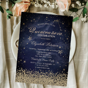 Invitación Diamantes de Oro Moderno Estrellas Azul Oscuro Qui