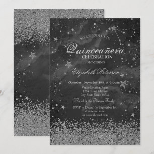 Invitación Diamantes de oro moderno estrellas gris Quinceañer