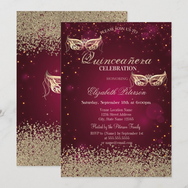 Invitación Diamantes de oro moderno Masque Rojo Quinceañera (Anverso / Reverso)