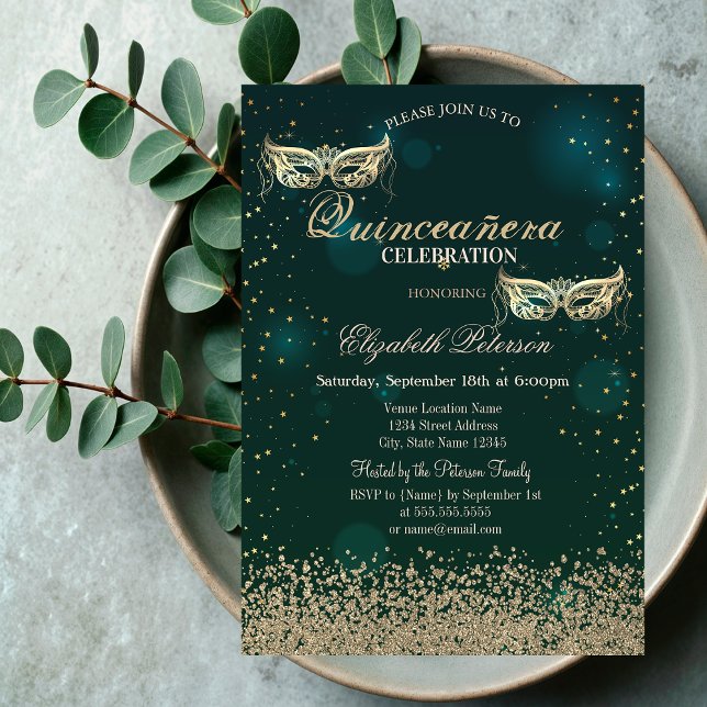 Invitación Diamantes de oro moderno Masque Verde Quinceañera (Subido por el creador)