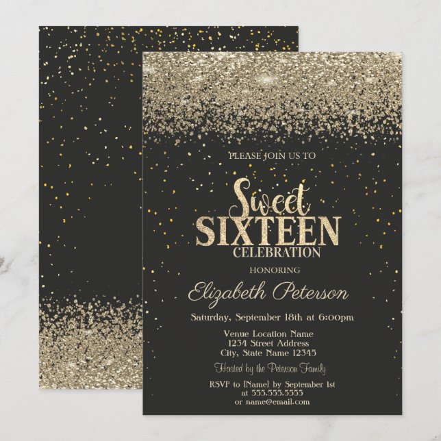 Invitación Diamantes de oro modernos Confeti Negro Dulces 16 (Anverso / Reverso)