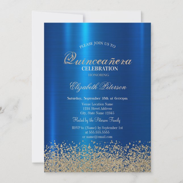 Invitación Diamantes de oro modernos Quinceañera metálica azu (Anverso)