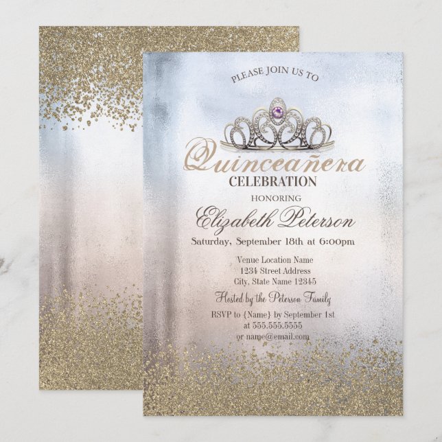 Invitación Diamantes de oro modernos, Quinceañera metálica de (Anverso / Reverso)