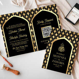 Invitación Diamantes de Oro Negro Arco Código QR Boda Musulma