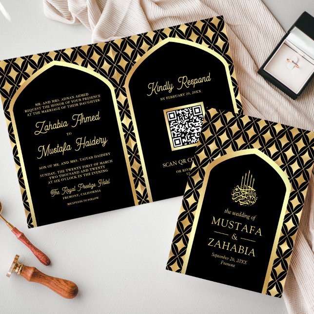 Invitación Diamantes de Oro Negro Arco Código QR Boda Musulma (Subido por el creador)