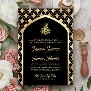 Invitación Diamantes de Oro Negro Arco Musulmán de Boda