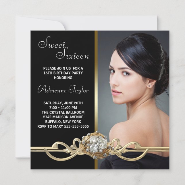 Invitación Diamantes de oro negro Foto dulce Dieciséis cumple (Anverso)