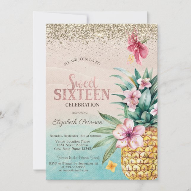 Invitación Diamantes de Oro, Piña Floral Playa Dulces 16 (Anverso)