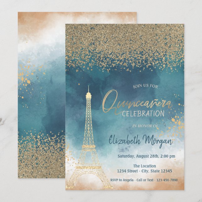 Invitación Diamantes de oro, pintura de la Torre Eiffel, Quin (Anverso / Reverso)