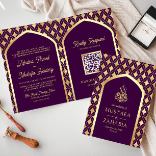 Invitación Diamantes de Oro Púrpura Código QR Arco Boda Musul