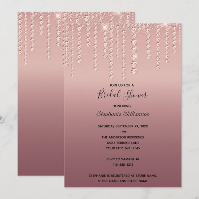 Invitación Diamantes de oro Rosa goteando ducha de novia de m (Anverso / Reverso)