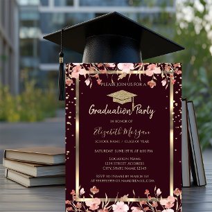 Invitación Diamantes de oro Tapa de graduación Flores Graduac