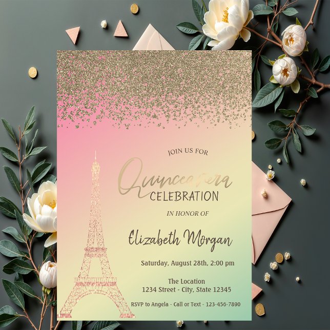 Invitación Diamantes de oro, Torre Eiffel Ombre Quinceañera (Subido por el creador)