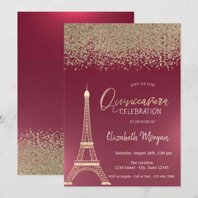 Invitación Diamantes de Oro, Torre Eiffel Quinceañera Roja (Anverso / Reverso)