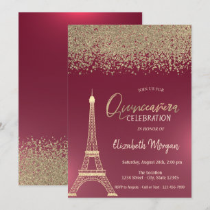 Invitación Diamantes de Oro, Torre Eiffel Quinceañera Roja