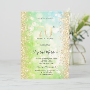 Invitación Diamantes de Oro Verde Azul Bokeh 70 Cumpleaños