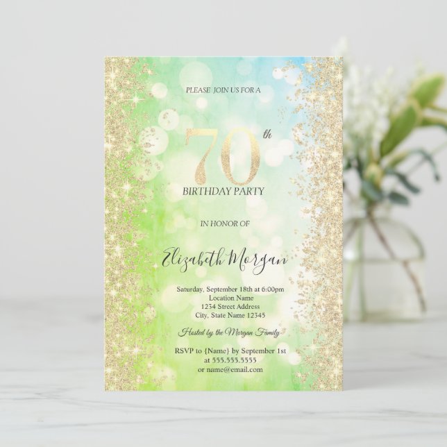 Invitación Diamantes de Oro Verde Azul Bokeh 70 Cumpleaños (Anverso de pie)