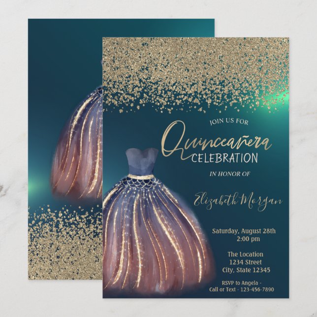 Invitación Diamantes de oro, vestido de Moda verde Quinceañer (Anverso / Reverso)